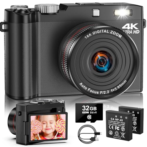 4K Digitalkamera - 64MP Autofokus Vlogging Kamera, One-Touch Makro & 18X Digitalzoom, 2.8&ldquo; 180&deg; Flip Screen Kompaktkameras f&uuml;r Anf&auml;nger & Erwachsene, inkl. 32GB SD Karte & 2 Batterien