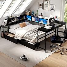 Bellemave Full Corner Bed Frame with Desk and Storage, Full Size Captains Bed with Charging Station and LED Light, Wood Daybeds with L-Shaped Bookcase and 2 Drawers, Black