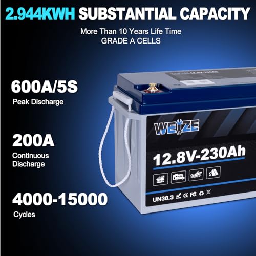Image of WEIZE 12V 230AH Bluetooth LiFePO4 Lithium Battery, Grade A Cells, 200A BMS, Low-Temp Protection Deep Cycle 600A /5S Peak Discharge Battery for Marine, Solar System, RV, Camping, Off Grid
