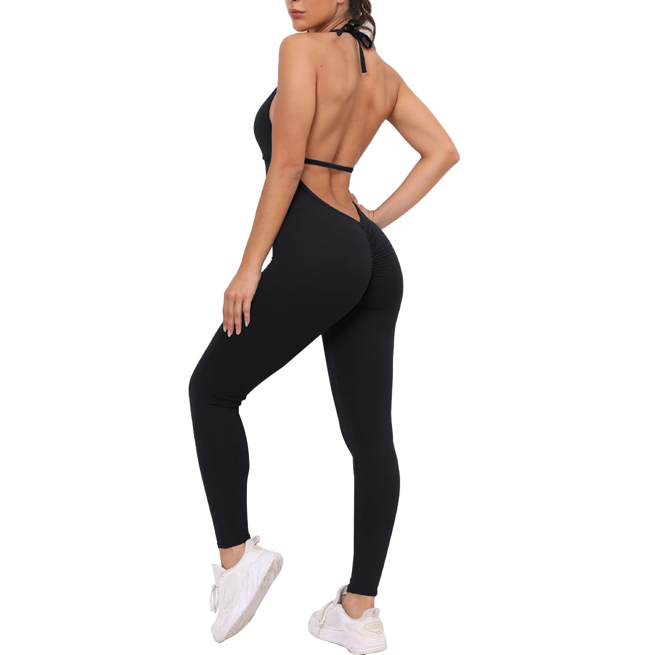 KOEMCY Mono para Mujer Cuello en V Sexy sin Manga Largo Deportiva Jumpsuit Un Pieza sin Espalda para Yoga Gym Fitness