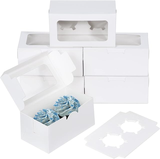 Coolty 50pcs Cupcake Boxes 2 Holes Cardboard Packaging Boxes Bakery Pastry Boxes with Window and Inserts for Cookies Muffins Cupcakes Desserts Pies (White)