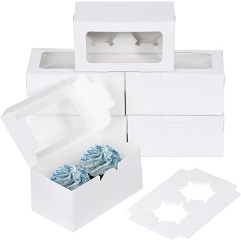 Coolty 50 St ck Cupcake Boxen 2 L cher Karton Verpackung Boxen B ckerei Geb ck Boxen mit Fenster und Eins tze f r Cookies Muffins Cupcakes Desserts Torten Wei