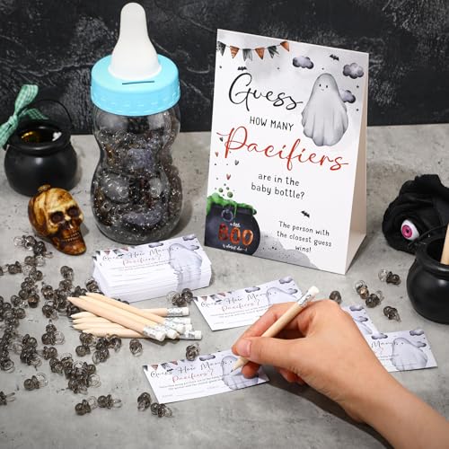 Image of Roowest 512 Pcs Baby Shower Games Guess How Many Pacifiers Sign 100 Small Guessing Games 10 HB Pencils 750ml Milk Bottle 400 Acrylic Pacifiers Decoration for Guest Gender Reveal(Blue,Halloween)