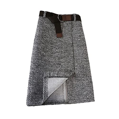keusyoi Damen Herbst Wollrock Winter Koreanisch Grau Knielang Hohe Taille Röcke mit Gürtel, grau, 40