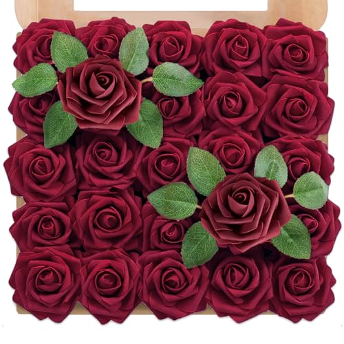 AWCCXMYM 25Pcs Dark Red Roses Artificial Flowers Foam Fake Flowers Real Looking Silk Roses for Dream Wedding Flowers Bridal Shower Party Tables Home Decoration DIY Plant Art