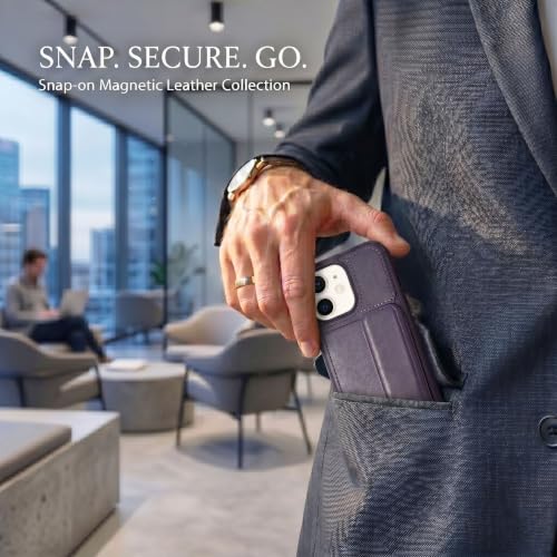 Image of amazon basics Luxury Vegan Leather Back Cover for iPhone 12 | Built-in Card Holder Slot | Integrated Mobile Stand | Slim Shockproof Protective Case with Stitched Finish - Purple