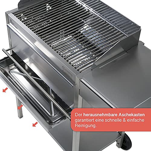 Foto von Premio II Grillwagen BBQ Holzkohlegrill aus rostfreiem Edelstahl mit Ablagetisch und Besteckhaken – Made in Germany: 5-fach höhenverstellbar, 3-teiliger Grillrost, Grillfläche: 55 x 33 cm