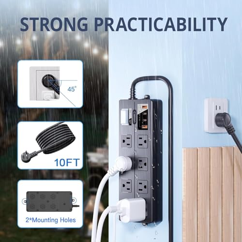 Image of IPX6 Waterproof Outdoor Power Strip, Overload Protector with 8 Wide Outlet 4 USB Ports (2A 2C), 6FT Extension Cord, Wall Mountable Weatherproof for Garden Patio Holiday Lights, UL Listed Black