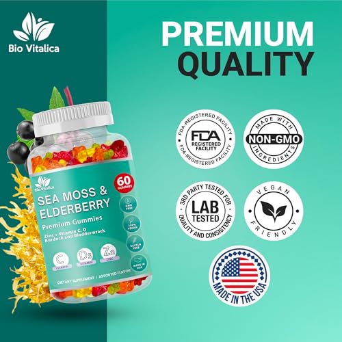 Image of Irish Sea Moss Gummies with Elderberry - USA Made Vegan Gummies with Vitamin C, D & Zinc - Immune Support Supplement with Bladderwrack & Burdock Root for Adults & Kids - 5 Pack