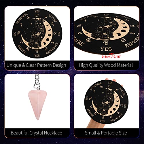 INFUNLY Wooden Pendulum Board 7.9" Cat Moon Witch Dowsing Divination Planchette Board Metaphysical Message Board with Healing Crystal Necklace Witchcraft Wicca Altar Supplies Kit - Image 3