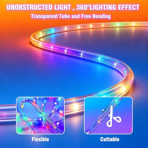 Image of RGB Strip Lights with IR Remote Control, 12FT 72LEDs RGB LED Outdoor Rope Lights, 13MM Waterproof Neon LED Lights 500+ Colors for Bedroom Living Room Patio Christmas Decor (12ft)