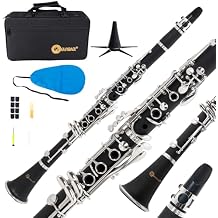 Eavnbaek Bb Clarinet for Beginners, Bb Nickel-plated 17 Keys Clarinet for Students, Professionals and School Bands, with Hard Foam Case Barrels*2 Pads*8 Stand Cleaning Kit and White Gloves Black