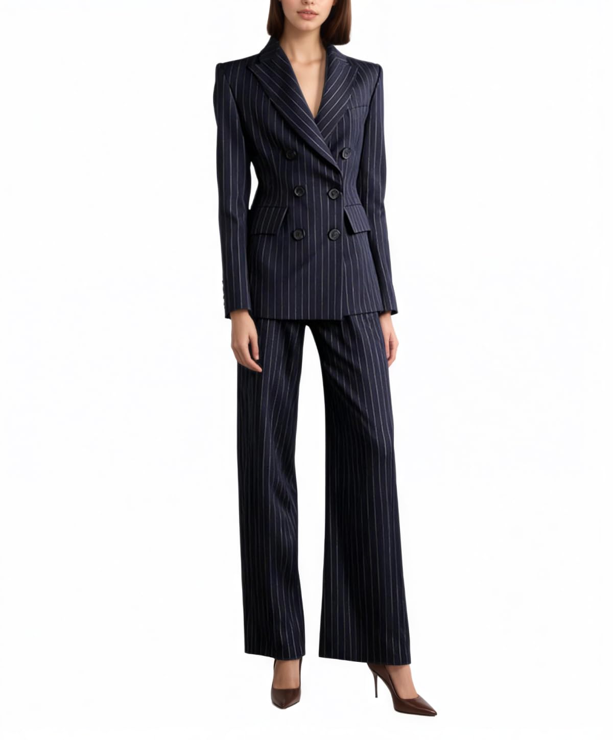 2 Piece Pinstripe Suit for Women Double Breasted Stripe Suit Womens Business Work Pant Suit Set Slim Fit