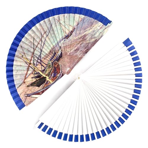 H.U.S.L® Abanico 23CM DE Madera Lisa con Tela DE Marfil, Abanico DE Madera Adornado, Abanico Original (Barco Expresionista)