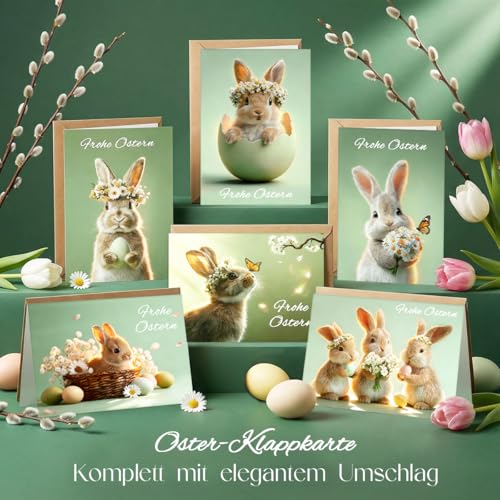 GluckGeschenk 12er Osterkarten mit Umschlag, Frohe Ostern Aufklappbare Osterkarte, mit Osterhasen & Ostereiern Design, für Familie, Freunde & Kollegen