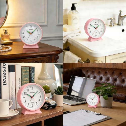Image of 4.5 Inch Small Pink Analog Alarm Clock, Retro Battery Operated Desk Clock with Night Light Stays On 4 Seconds Vintage Metal Table Clock for Bedside, Nightstand, Bedroom, Office, Bathroom - Pink