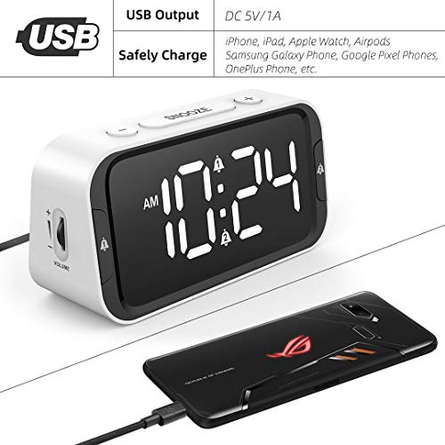 LIELONGREN Small Digital Alarm Clock for Heavy Sleepers with 100dB Extra Loud Alarm, USB Charger, Dual Alarm, LED Display, Battery Backup, Desk/Bedside Alarm Clock for Bedroom - White