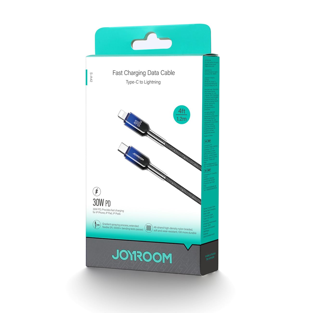Joyroom S-A42 Crystal-Clear Series 30W Type-C to Lightning Fast Charging Data Cable, 1.2 m Length, Black