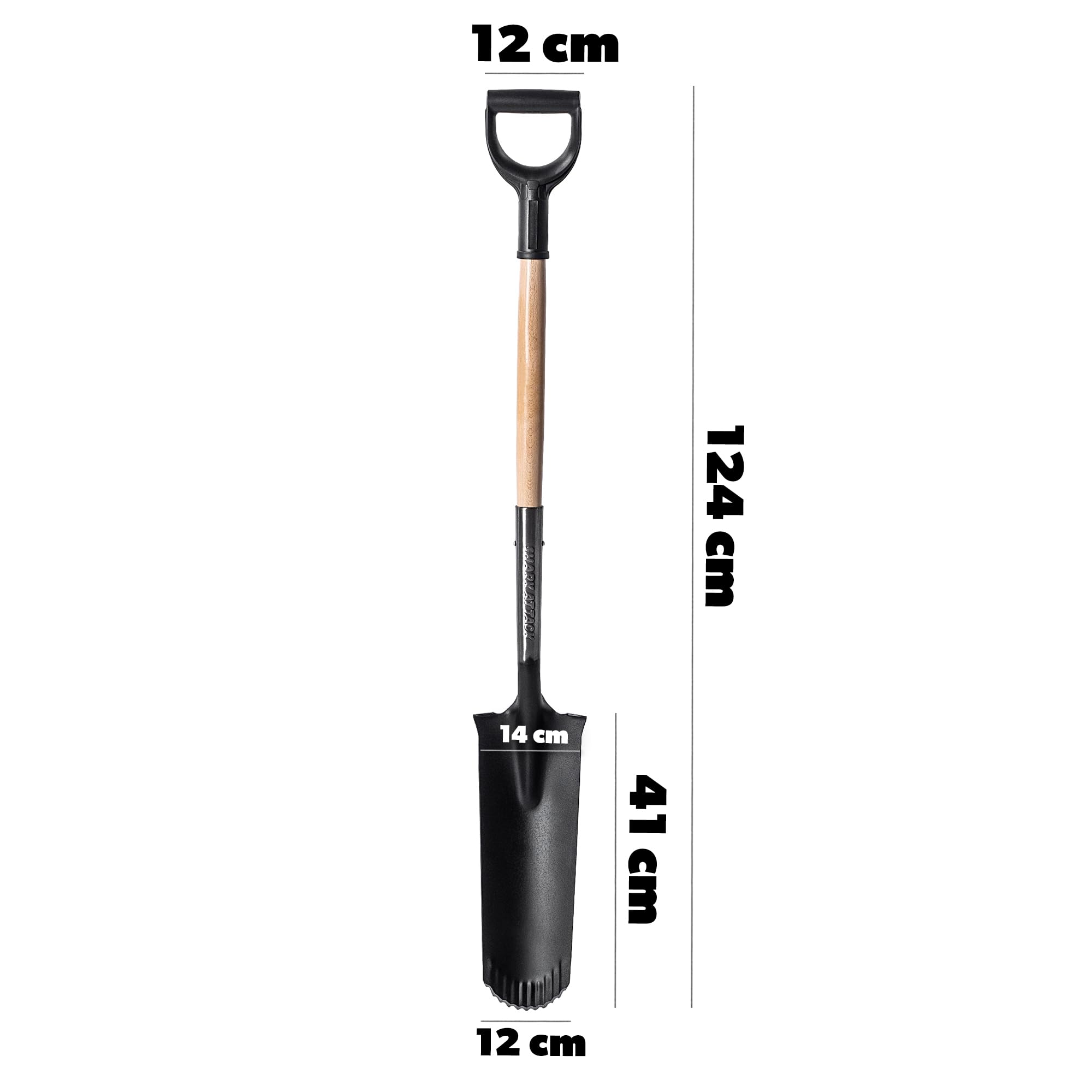 KADAX Drainierspaten, Spitze Schaufel mit D-Griff und Stiel, leichte Drainageschaufel mit Zinken, Ergonomischer Gartenspaten, Kanalspatens zum Löchergraben (124x14cm)