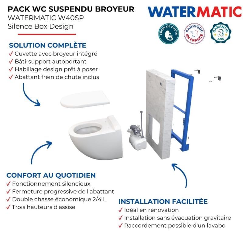 Pack WC suspendu broyeur WATERMATIC W40SP Silence Box avec habillage marbre blanc + abattant frein de chute + bâti-support autoportant + bouton chasse