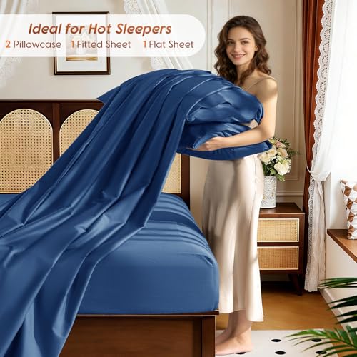 Image of 100% Egyptian Cotton Sheet Set 4 Pcs , 1200 TC, 16 inch Deep Pocket Sheet Queen | Long Staple Cotton Sheet, Soft and Breathable, 1 Fitted Sheet, 1 Flat Sheet, 2 Pillowcase Cozy for All Season, Navy Blue
