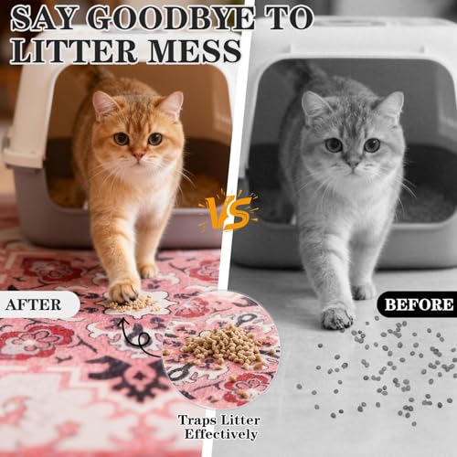 Image of EXPAWLORER Cat Litter Mat, 20 inchx32 inch Small Non-Slip Urine Waterproof Litter Trapping Mat Easy to Clean Washable Litter Box Mat for Floor Soft on Kitty Paws, Indoor Food Mats Rug Pads for Bathroom Pink