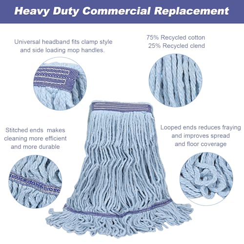 Image of Commercial Heavy Duty Mop Heads Replacement: 6 Pack Industrial Wet Reusable Mop Head for Floor Cleaning, Washable Refills Blue Cotton Looped End String Mopheads for General Maintenance