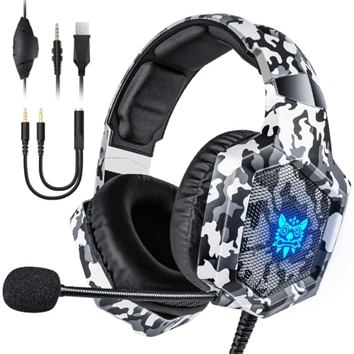 Image of Nanddi Gaming Headset with Microphone, Gaming Headphones for PS4 PS5 Xbox One PC with LED Lights, PlayStation Headset with Noise Reduction 7.1 Surround Sound Over-Ear and Wired 3.5mm Jack (White)