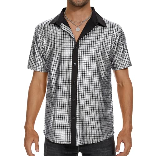Image of Zando Men's Sequin 70s 80s Disco Shirt - Retro Short Sleeve Button Up Costume Halloween New Year Party Outfit Top & Clubwear