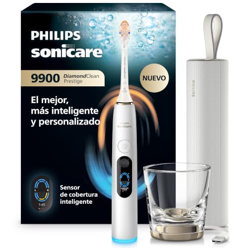 Philips Sonicare Next-Generation DiamondClean 9900 Prestige Cepillo de dientes eléctrico - con SenseIQ, Smart Coverage Feedback, Smart Pressure Feedback y 24 ajustes, blanco plata, HX9813/91