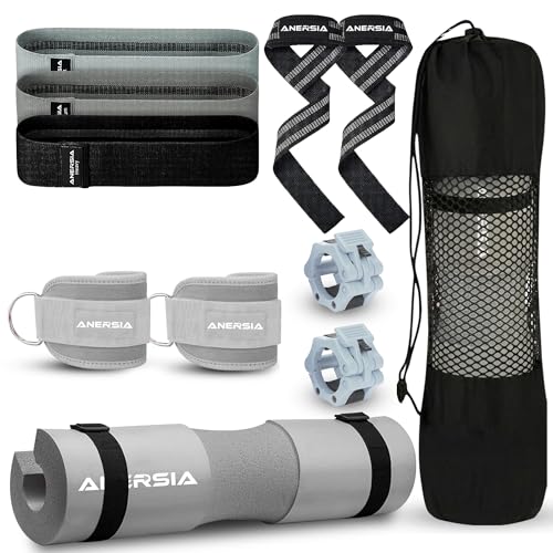 ANERSIA 10 in 1 Barbell Pad Set Grey for Squats & Hip Thrust – Barbell Pad with Resistance Bands, Lifting Straps, Ankle Straps & Barbell Clamps – Weightlifting Accessories Kit for Home Gym