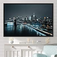 Framed Canvas Wall Art City Illuminations Aerial Cityscape Contemporary Multicolor Photography Places Realism Ultra Urban - 16x24 inches