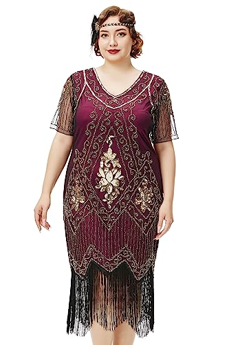 BABEYOND Plus Size Flapper Dress 1920s Great Gatsby Costume Cocktail, Red and Gold, 3XL Plus