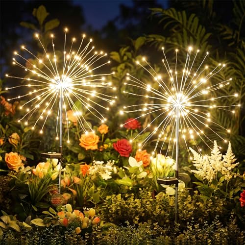 Brightown 150LED Solar Garden Lights Outdoor 8 Modes 2 Pack Firework Fairy Lights for Outside Decorative Solar Powered Stake Flowerbed Planter Decorations for Yard Pathway Patio Christmas Warm White