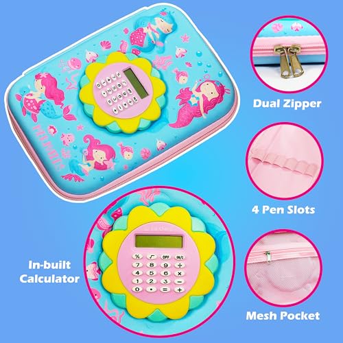 Image of VGRASSP Mermaid Theme Stationery Pencil Case for Kids with Mini Calculator - 3D EVA Zipper Pouch with Multi Storage Compartments - Fun School Stationery Organizer - Multicolor