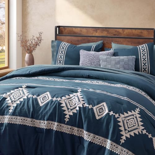 Image of MaiReve Embroidery Queen Comforter Set 7 Pieces Navy Blue Bed in a Bag