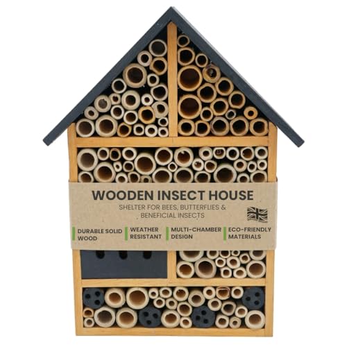 My Garden Insect House for Garden Bees & Butterflies - Outdoor Bug Hotel Shelter Solid Pine Wood Bee House with Multi Chambers - Weather Resistant Wildlife Habitat Easy Mount