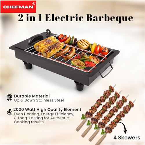 Image of Chefman 2-in-1 Barbeque Grill | 2000W Detachable Stainless Steel Heating | Dual Use for Electric & Charcoal Grilling | 4 Skewers & 1 Grill | High-Performance Indoor & Outdoor Cooking | Patent Design