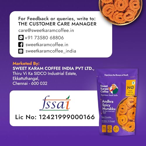 Image of SWEET KARAM COFFEE Andhra Spicy Murukku | No Palm Oil | No Preservatives | South Indian Chakli | Crispy & Fresh Tea-Time Namkeen | Festive Special Snack | Spicy Crunchy Treat | 95 G Pack of 2