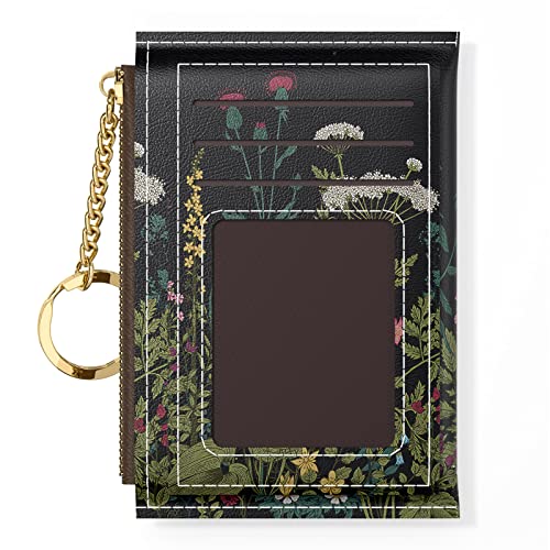 Nipichsha Small Wallet for Women, Slim Credit Card Holder Front Pocket Leather Card Case with Zipper & Keychain (Dandelion)
