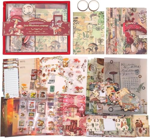 Image of VOTDOT (346Pcs) Paper Junk Journal & Scrapbook Kit, Scrapbooking Supplies Kit with Creative Decor Journaling Supplies, Stationery, Stickers, A6 Grid Notebook with Graph Ruled Page Gift for Girl (Red Mushroom )