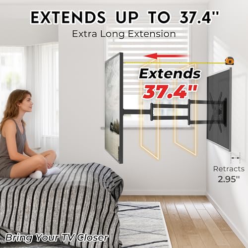 Image of BONTEC TV Wall Mount for 26-65 Inch Flat and Curved Screens with 37.4 Inch Long Extension, Full Motion Swivel Design, Heavy Duty Bracket for Corner or Monitor Setup, Max VESA 400x400, Holds 77 lbs