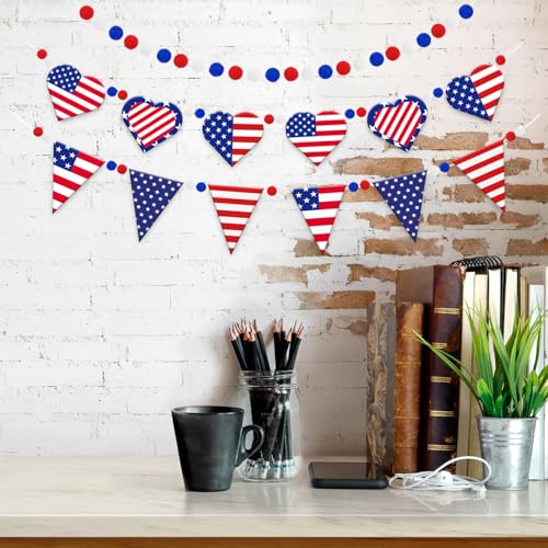 Image of Doumeny 3Pcs Independence Day Felt Garland Patriotic Heart Felt Banner American Flag Pennant Bunting USA Red White and Blue Pompom Bunting 4th of July Party Banner for Home Wall Mantel Fireplace Decor