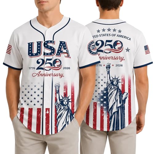 USA 250th Anniversary Baseball Jersey Patriotic Statue of Liberty Print Shirt USA Flag Button Down Shirt Breathable Jersey (X-Large)