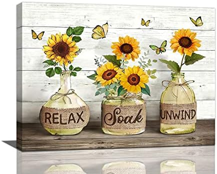 Farmhouse Bathroom Decor Wall Art Rustic Sunflower Bathroom Pictures Canvas Print Country Bathroom Painting Prints Wall Decor Framed Artwork Decor for Living Room Bathroom 12"x16"