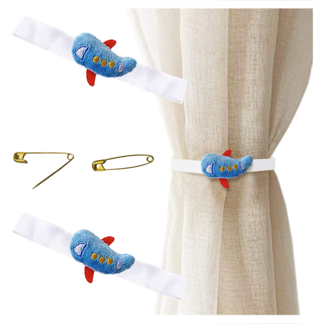 2 Pcs Cartoon Car Plane Curtain Tiebacks Mini Window Drapes Holdbacks Curtain Tie Back Curtain Holder for Nursery Kids Bedroom Blue Airplane