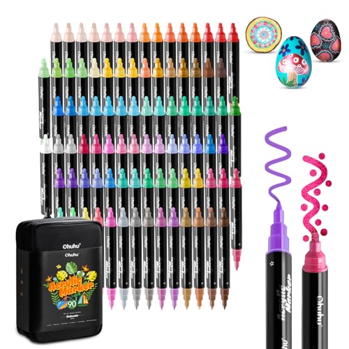 Image of Ohuhu Acrylic Paint Pens 90 Colors: Dual Tips (Round & Fine) Acrylic Markers High Opacity Paint Markers Water-Resistant Lightfast for Rock Painting Easter Eggs Wood Glass Ceramic Canvas - Kakaako