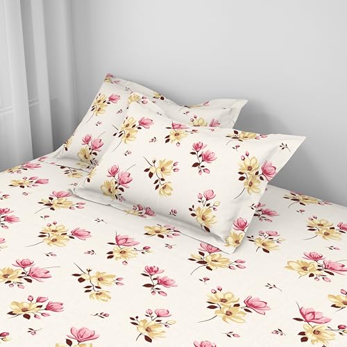 Image of Welspun ENZO King Size Fitted Bedsheet with 2 Pillow Covers | 360 Elastic | 100% Pure Cotton | 72 x 79 Inches | Soft, Breathable, Lightweight & Easy Care | Summer Melon