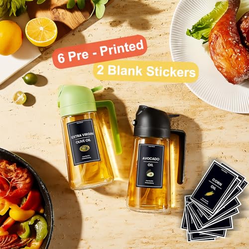 CXINYI - 16oz/470ml Olive Oil Dispenser for Kitchen with Stickers - 2 in 1 Olive Oil Sprayer for Cooking, Air Fryer, and Salad, Black&Green (Light-Proof Kitchen Gadget)