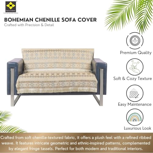 Image of Elegant Woven Beige Sofa Cover - Soft Chenille Traditional Pattern with Lace Style | L-Shape Sectional Seat Protector for Living Room | Durable & Stylish Slipcover 2 Seater Sofa Cover